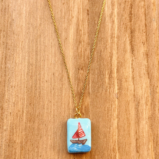 hand painted sail boat necklace