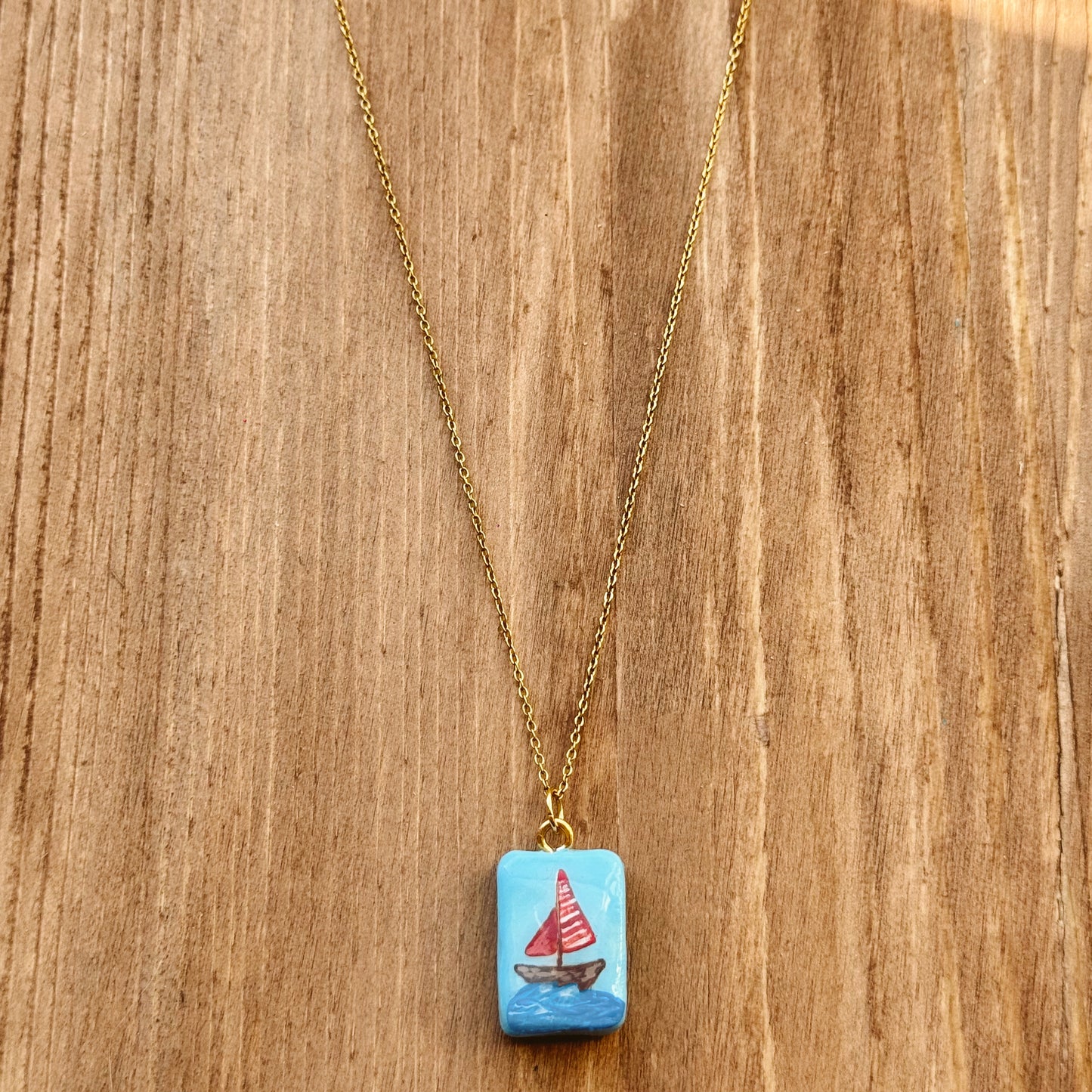hand painted sail boat necklace