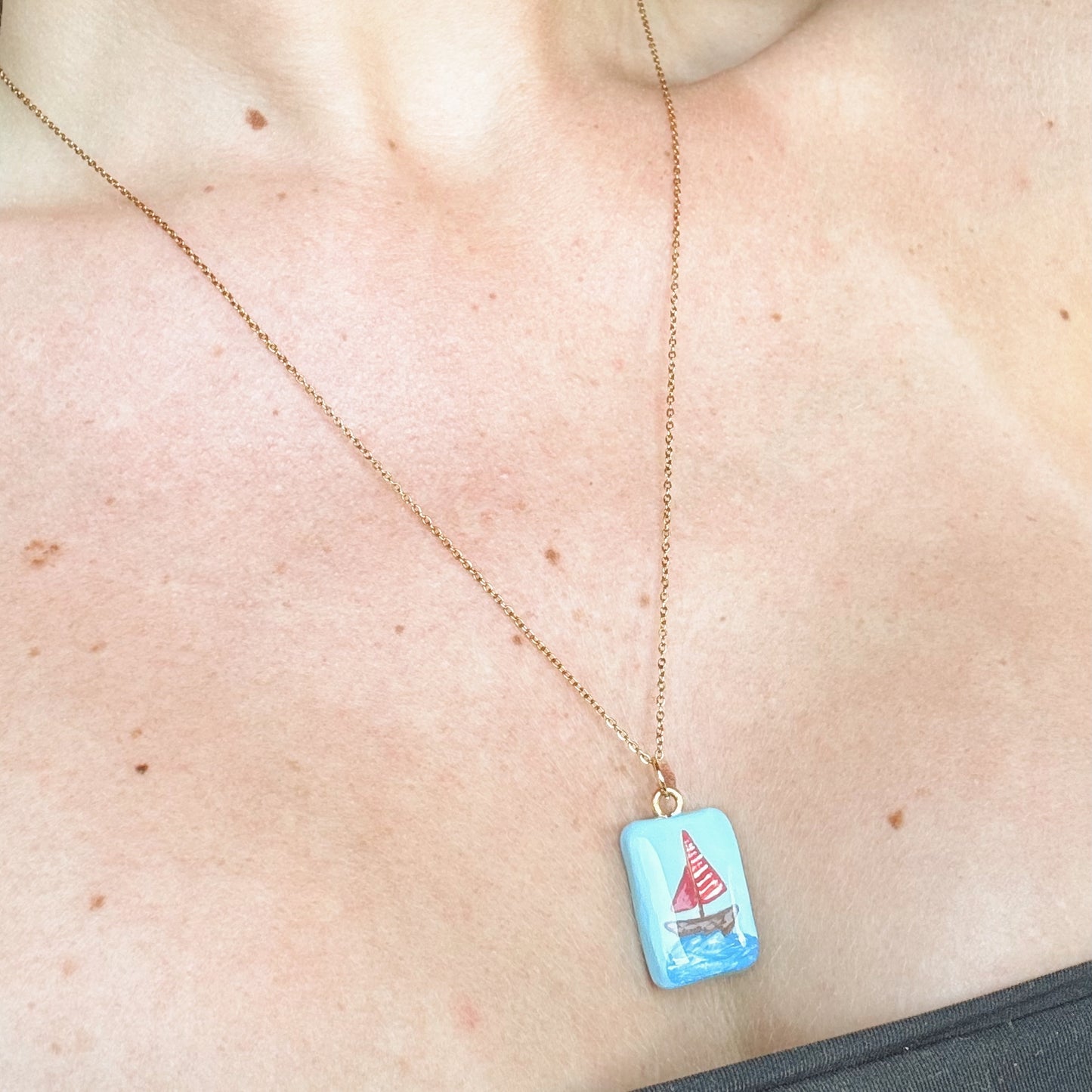 hand painted sail boat necklace