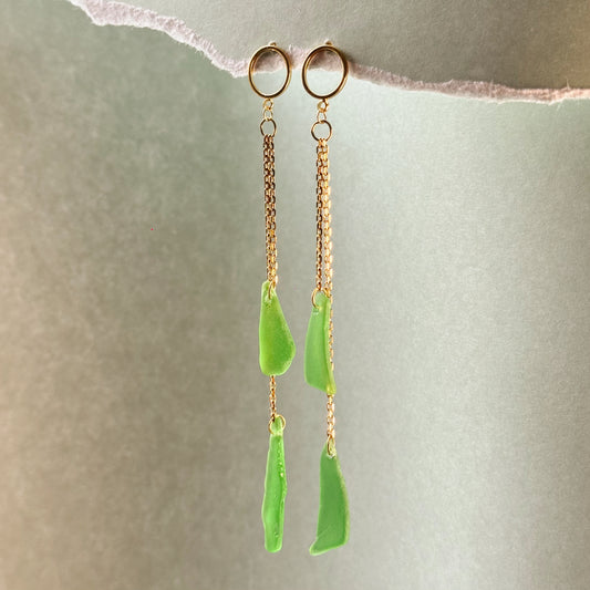green sea glass double drop studs