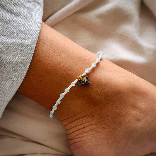 shark tooth anklet - blue and pearl