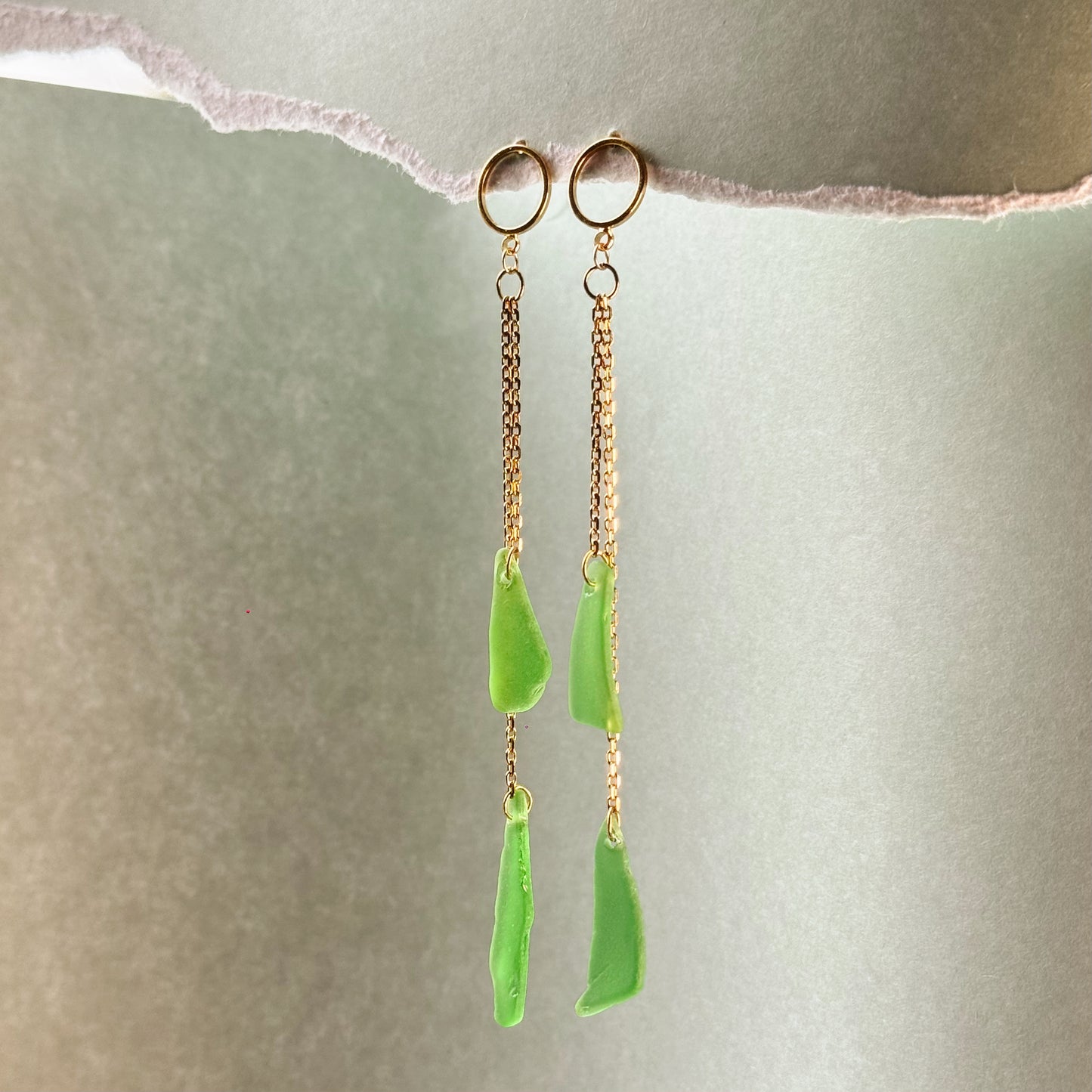 green sea glass double drop studs