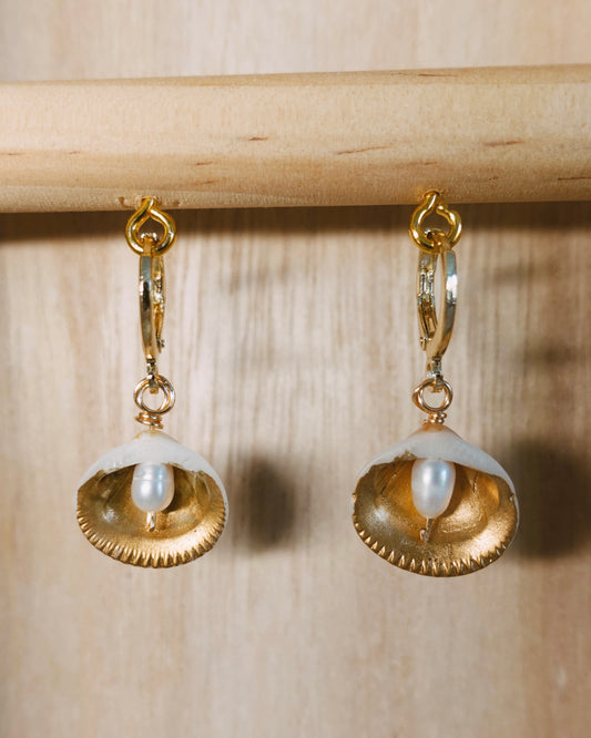 gold shell and pearl huggies