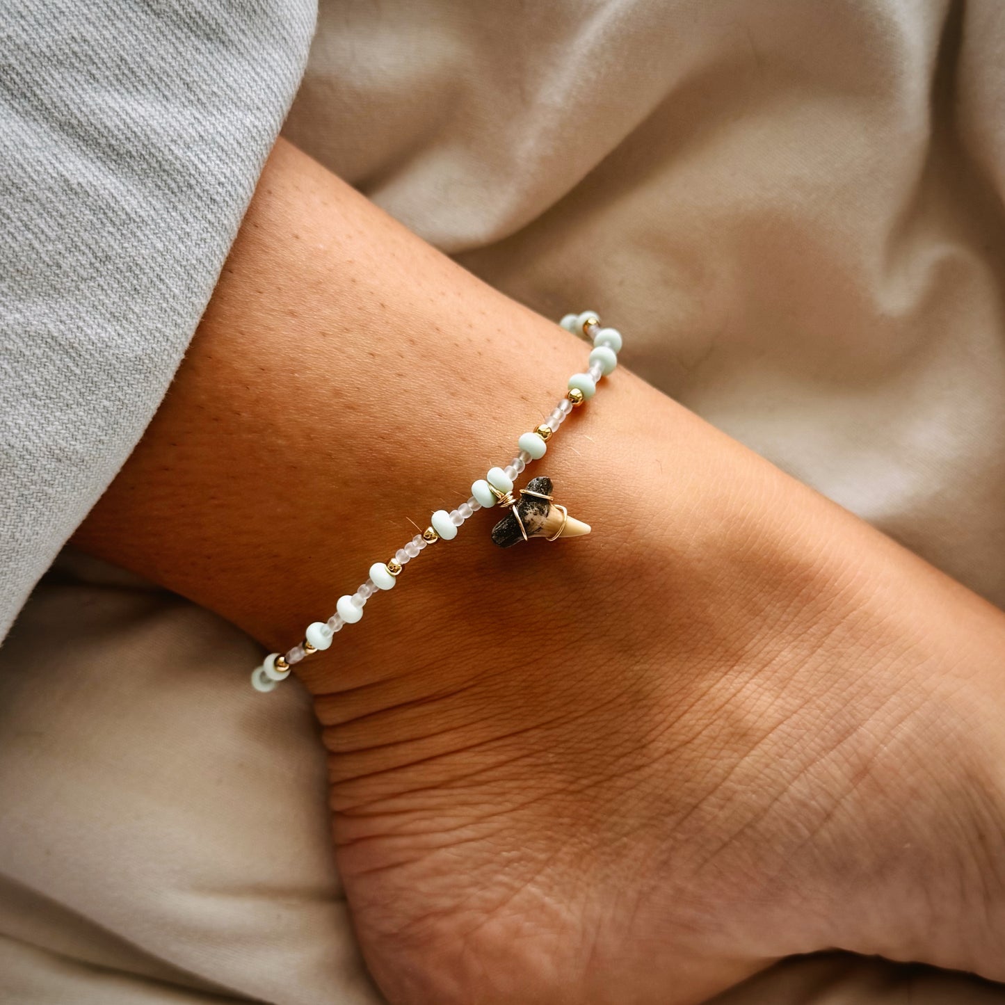 shark tooth anklet - baby blue