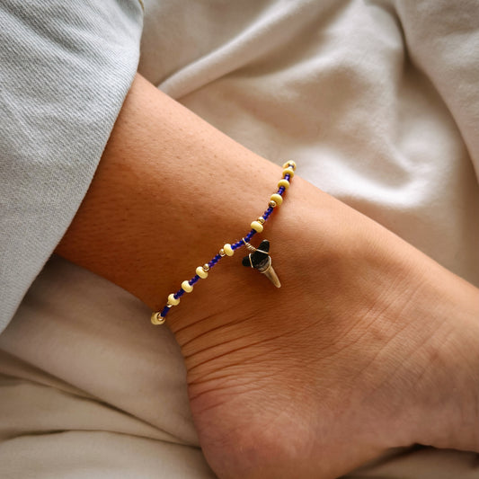 shark tooth anklet - navy and yellow